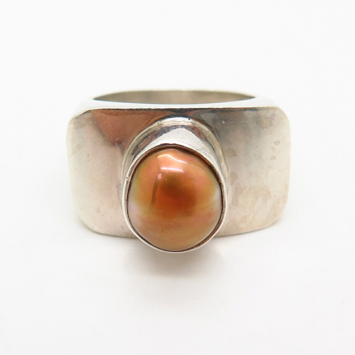 925 Sterling Silver Real Dyed Pearl Modernist Design Solid Ring Size 6