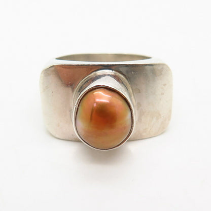 925 Sterling Silver Real Dyed Pearl Modernist Design Solid Ring Size 6