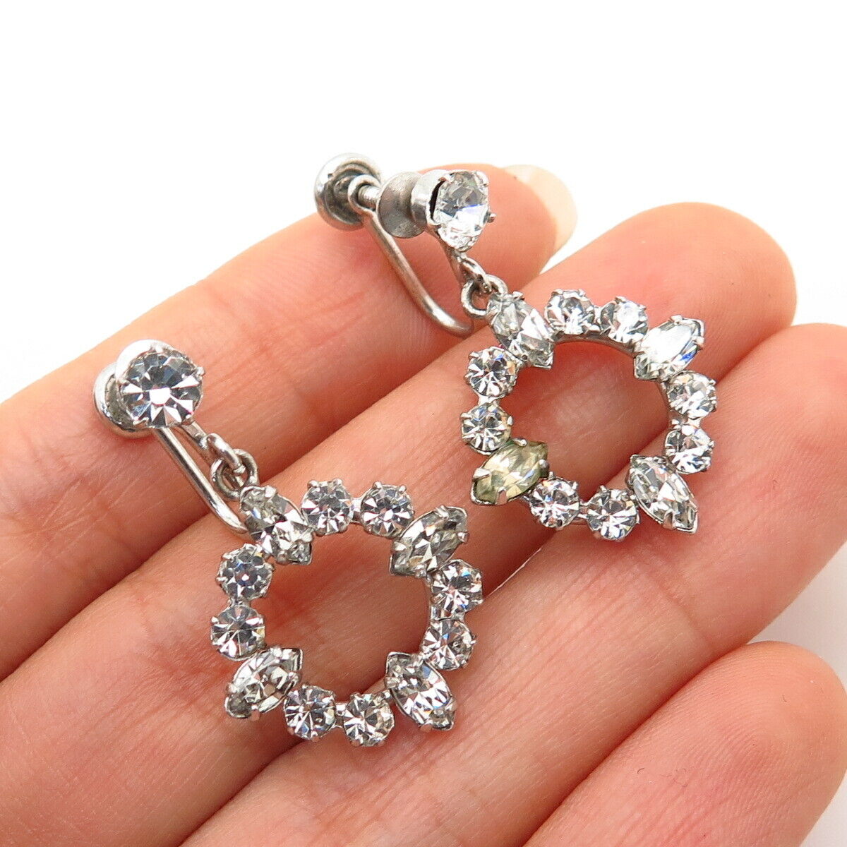 925 Sterling Silver Vintage Carl Art Rhinestone Drop Screw Back Earrings