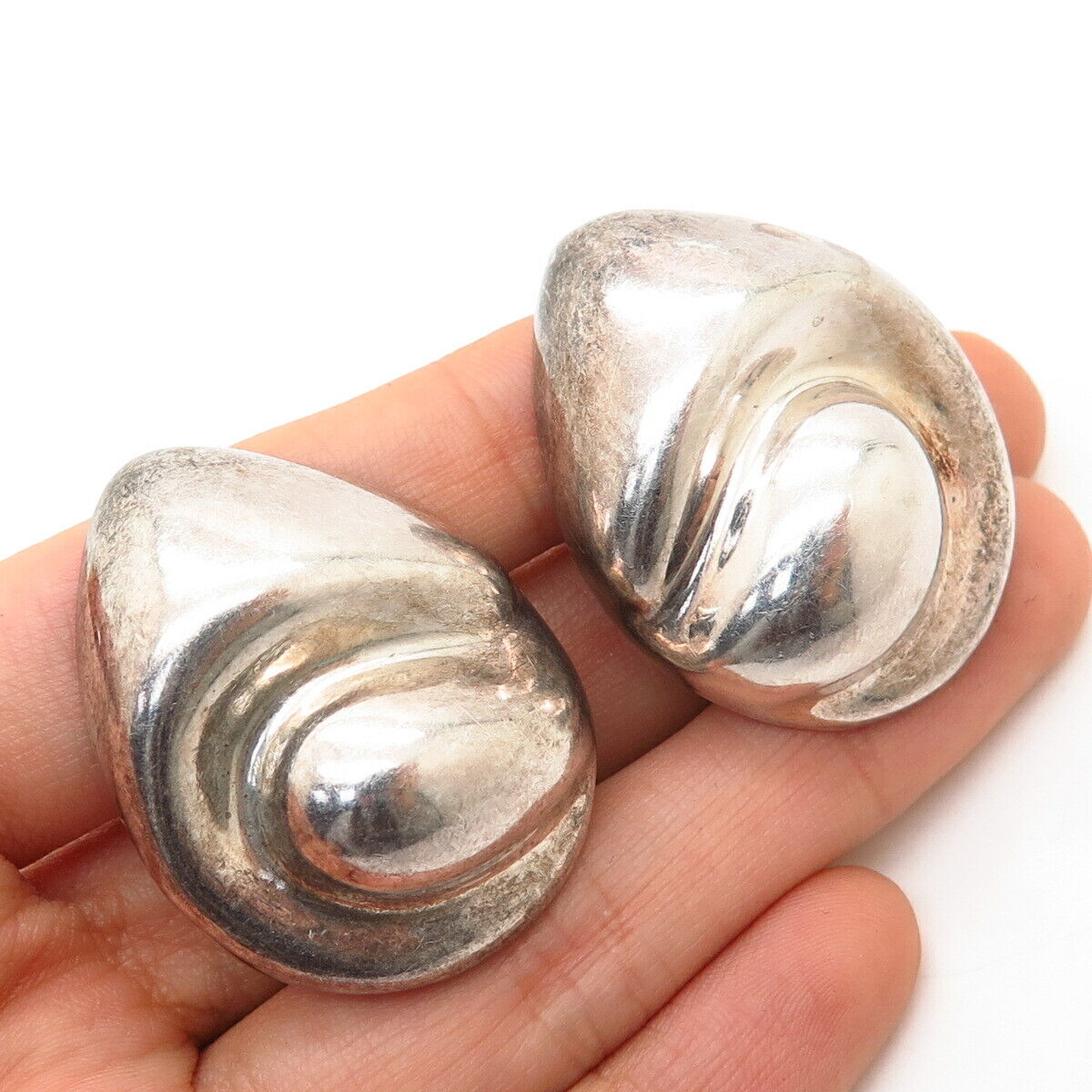 925 Sterling Silver Vintage Mexico Modernist Puffy Hollow Clip On Earrings