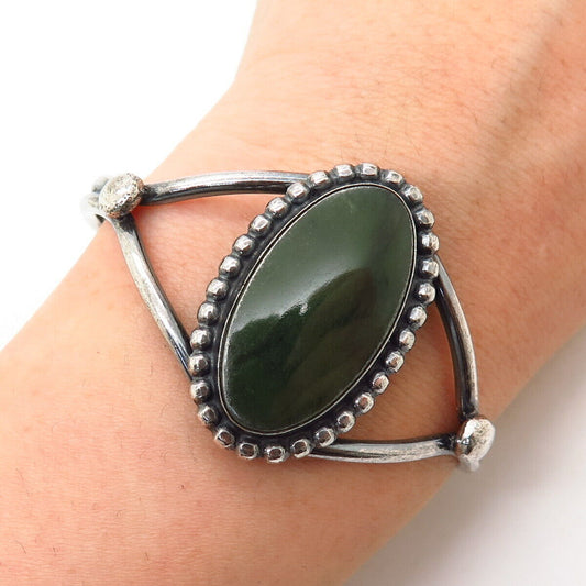 925 Sterling Silver Vintage Real Serpentine Gemstone Cuff Bracelet 6"