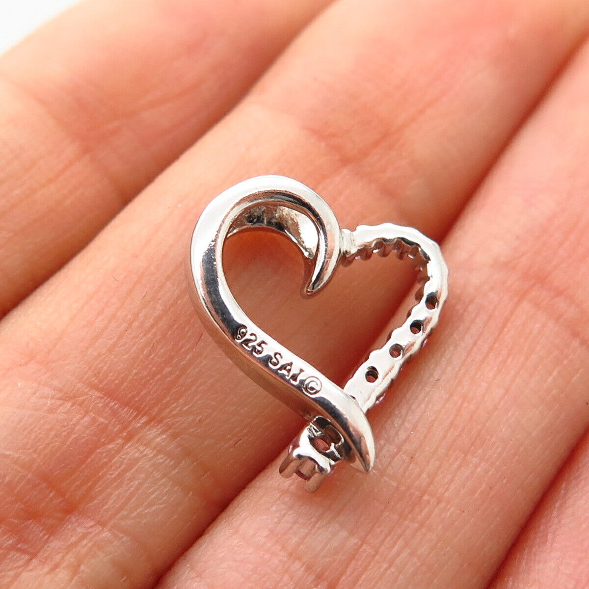 925 Sterling Silver Real Pink C Z Open Heart Small Slide Pendant