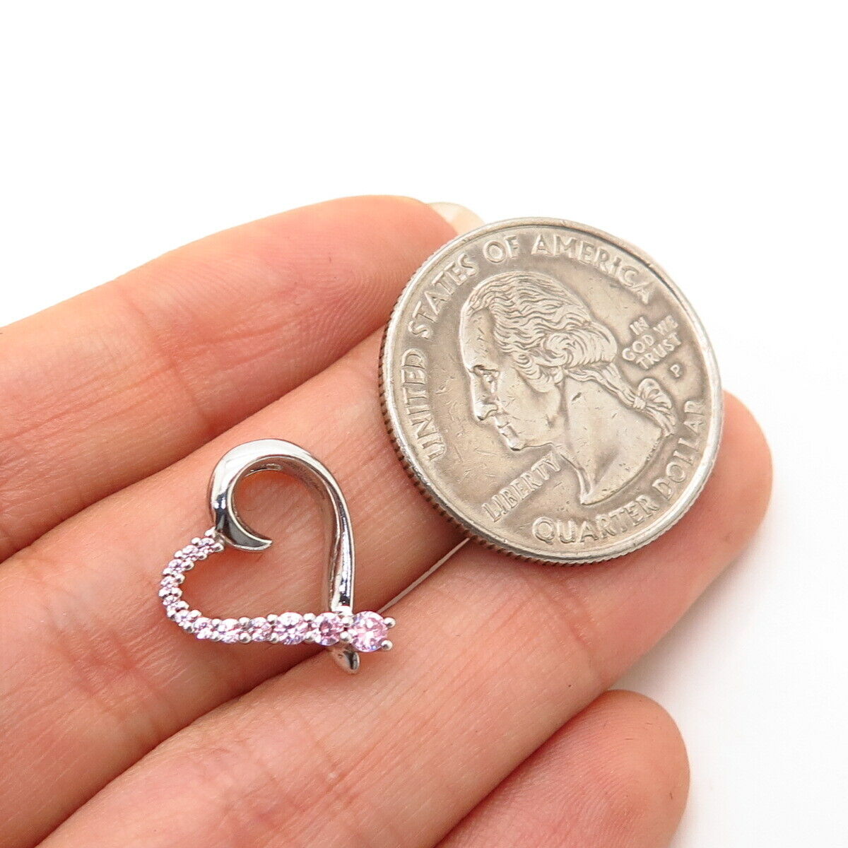 925 Sterling Silver Real Pink C Z Open Heart Small Slide Pendant