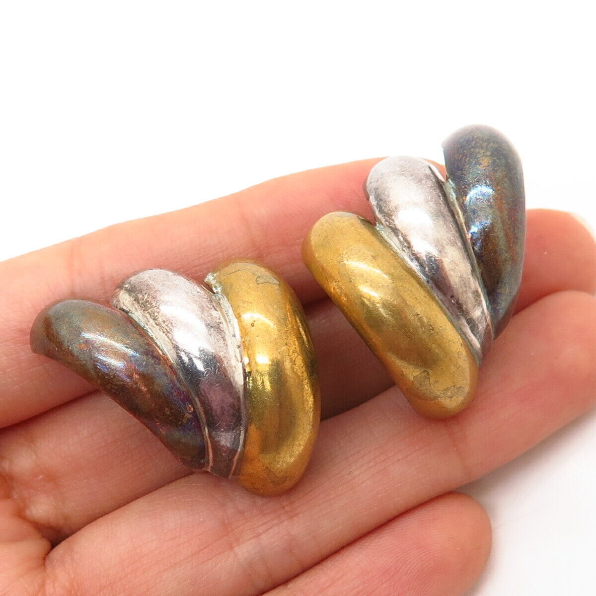 925 Sterling Silver 3-Tone Vintage Zina Ribbed Design Clip On Earrings