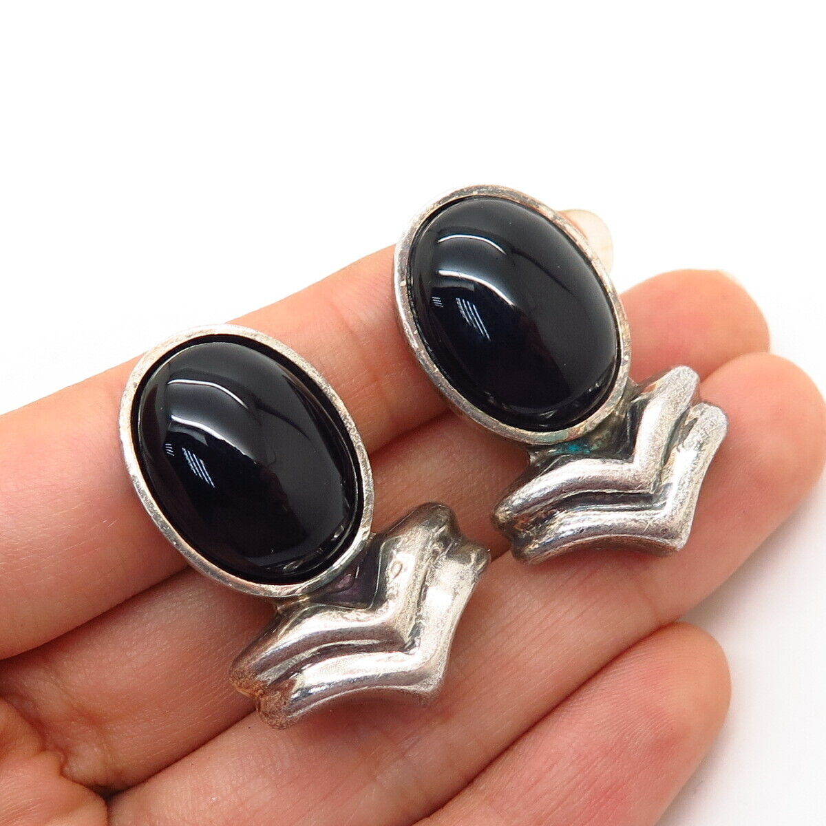 925 Sterling Silver Vintage Mexico Real Black Onyx Gem Lage Clip On Earrings