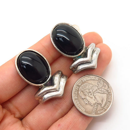 925 Sterling Silver Vintage Mexico Real Black Onyx Gem Lage Clip On Earrings