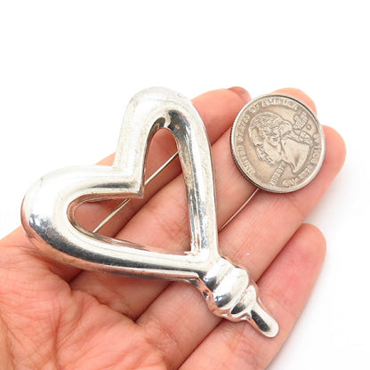 925 Sterling Silver Vintage Mexico Wrapped Open Heart Pin Brooch / Pendant