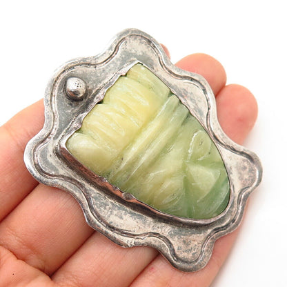 925 Sterling Silver Vintage Mexico Real Carved Jade Gemstone Tribal Pin Brooch