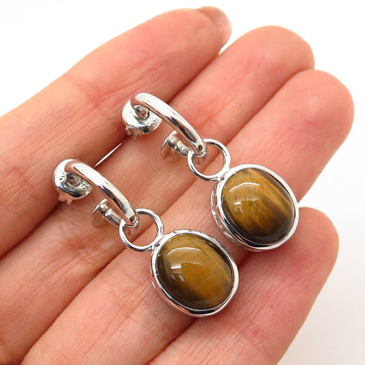 925 Sterling Silver Real Tiger Eye Gemstone Oval Dangling Earrings