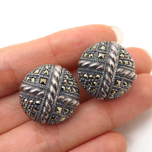 925 Sterling Silver Vintage Judith Jack Real Marcasite Gem Button Earrings