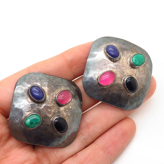 925 Sterling Silver Vintage Mexico Multi-Color Gem Large Clip On Earrings