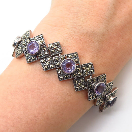 925 Sterling Silver Real Amethyst & Marcasite Gemstone Link Bracelet 6 3/4"