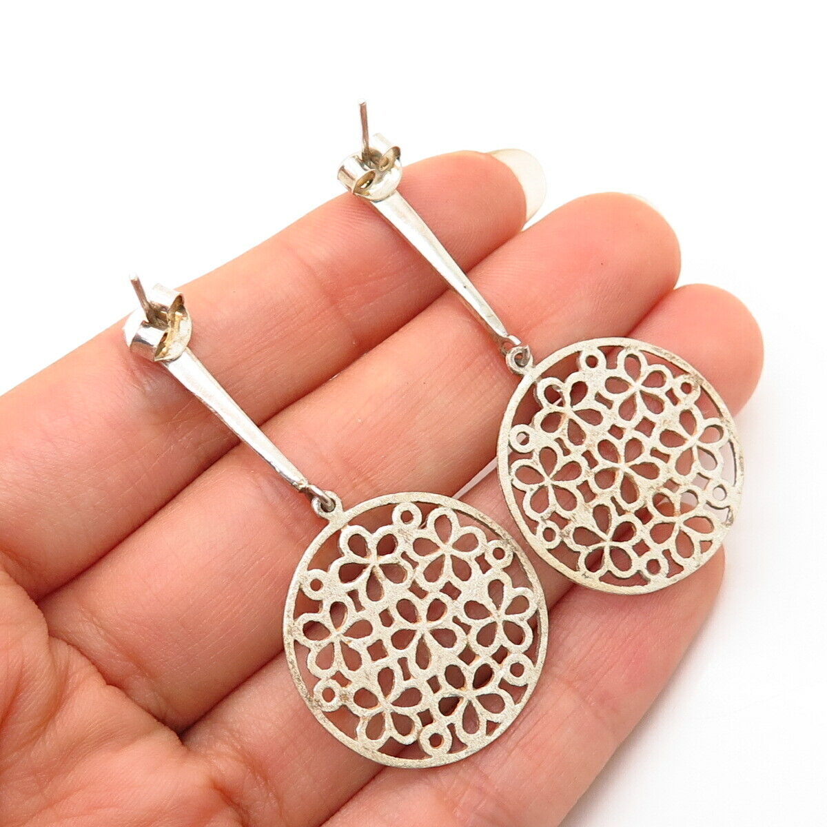 925 Sterling Silver Floral Ornate Design Dangling Earrings