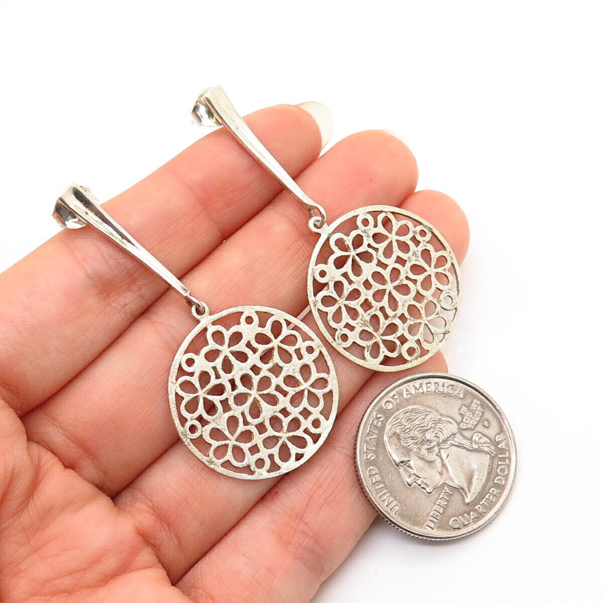 925 Sterling Silver Floral Ornate Design Dangling Earrings