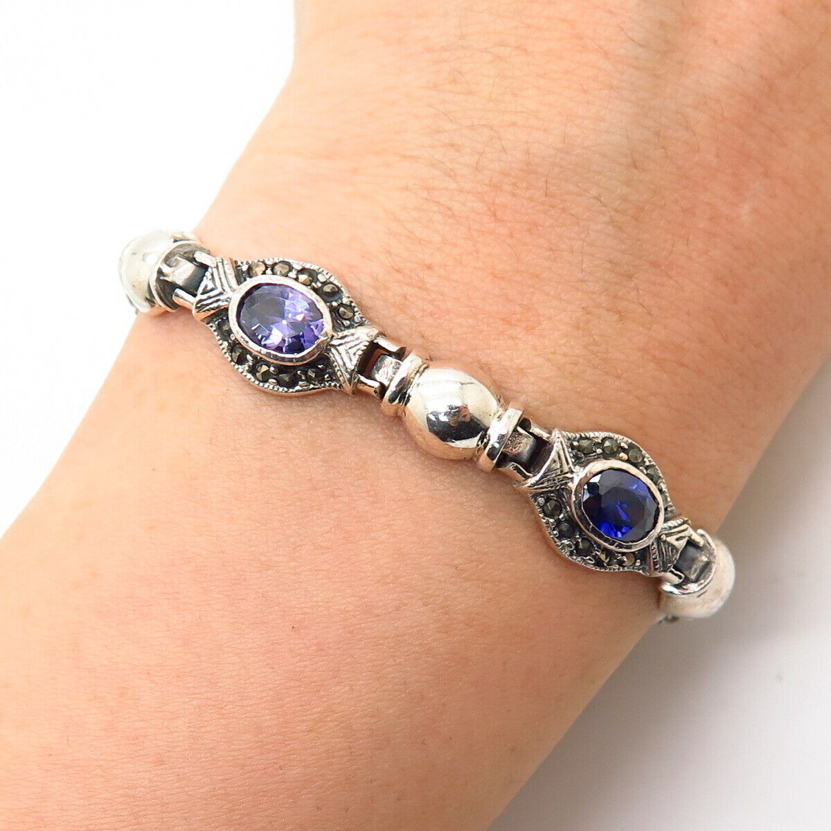 925 Sterling Silver Real Marcasite Gem & Violet-Tone C Z Link Bracelet 7"