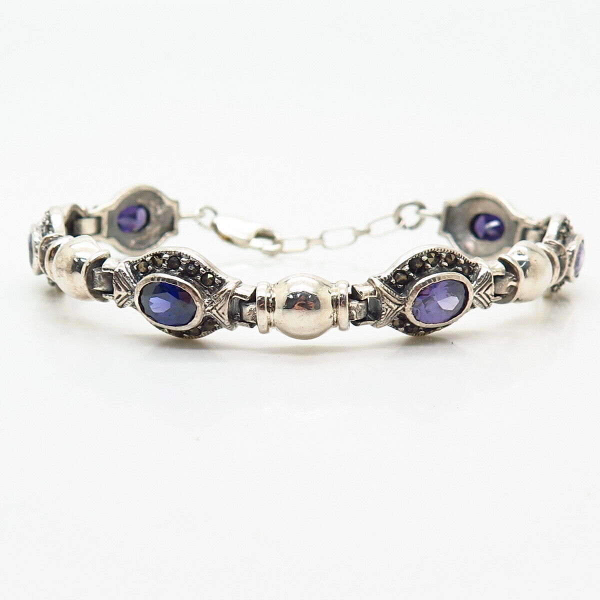 925 Sterling Silver Real Marcasite Gem & Violet-Tone C Z Link Bracelet 7"