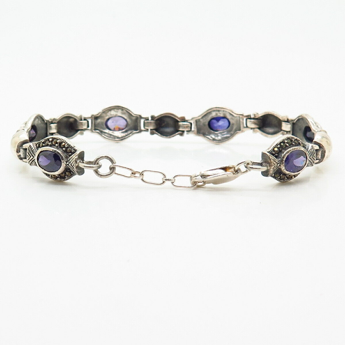 925 Sterling Silver Real Marcasite Gem & Violet-Tone C Z Link Bracelet 7"