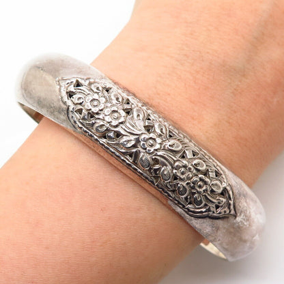 925 Sterling Silver Floral Design Cuff Bracelet 7 1/4"