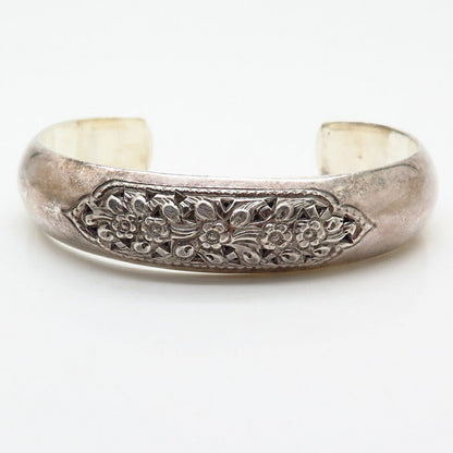 925 Sterling Silver Floral Design Cuff Bracelet 7 1/4"