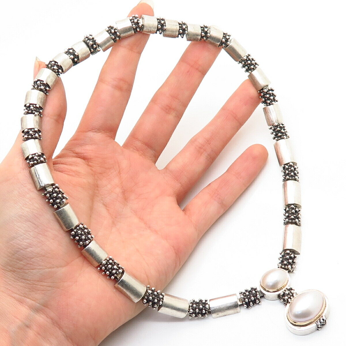 925 Sterling / 14K Michael Dawkins Real Pearl Dots & Bar Chain Necklace 16"