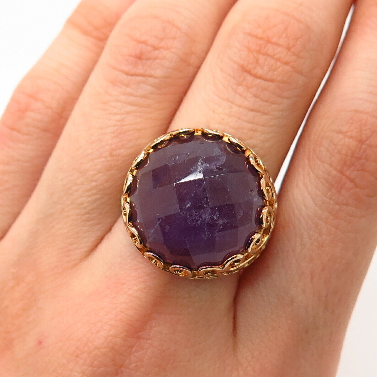 925 Sterling Silver Gold Plated Real Amethyst Gemstone Ring Size 8