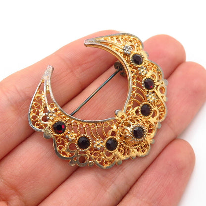 925 Sterling Gold Plated Vintage Israel Garnet-Tone C Z Filigree Pin Brooch