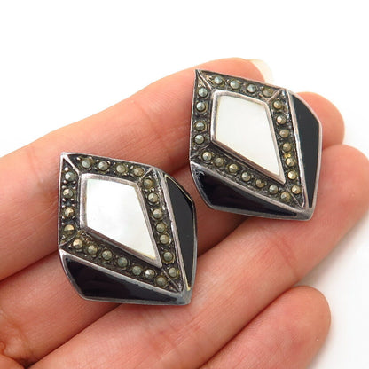 925 Sterling Silver Real MOP & Marcasite Black Onyx Gem Clip On Earrings