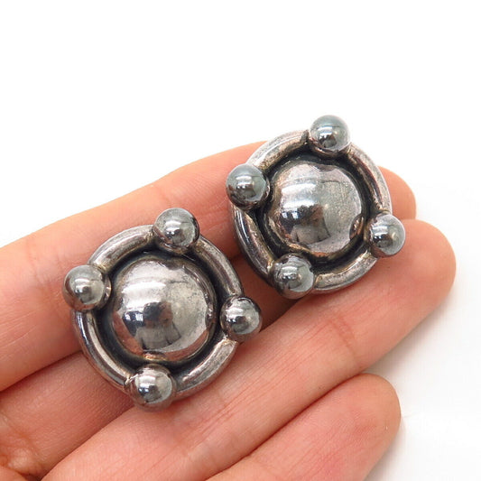 925 Sterling Silver Vintage Mexico Modernist Bead Design Round Clip On Earrings