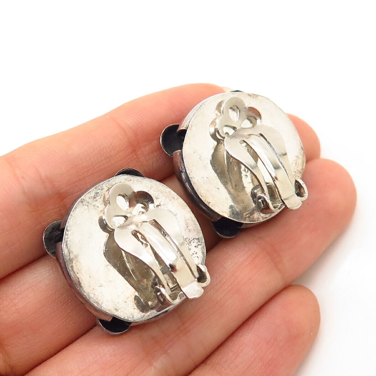 925 Sterling Silver Vintage Mexico Modernist Bead Design Round Clip On Earrings