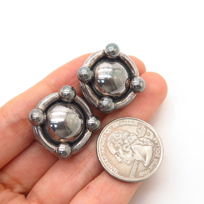 925 Sterling Silver Vintage Mexico Modernist Bead Design Round Clip On Earrings