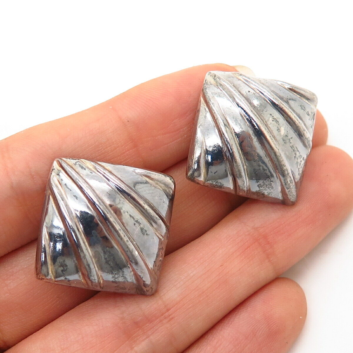 925 Sterling Silver Vintage Bayanihan Ribbed Design Rhombus Clip On Earrings