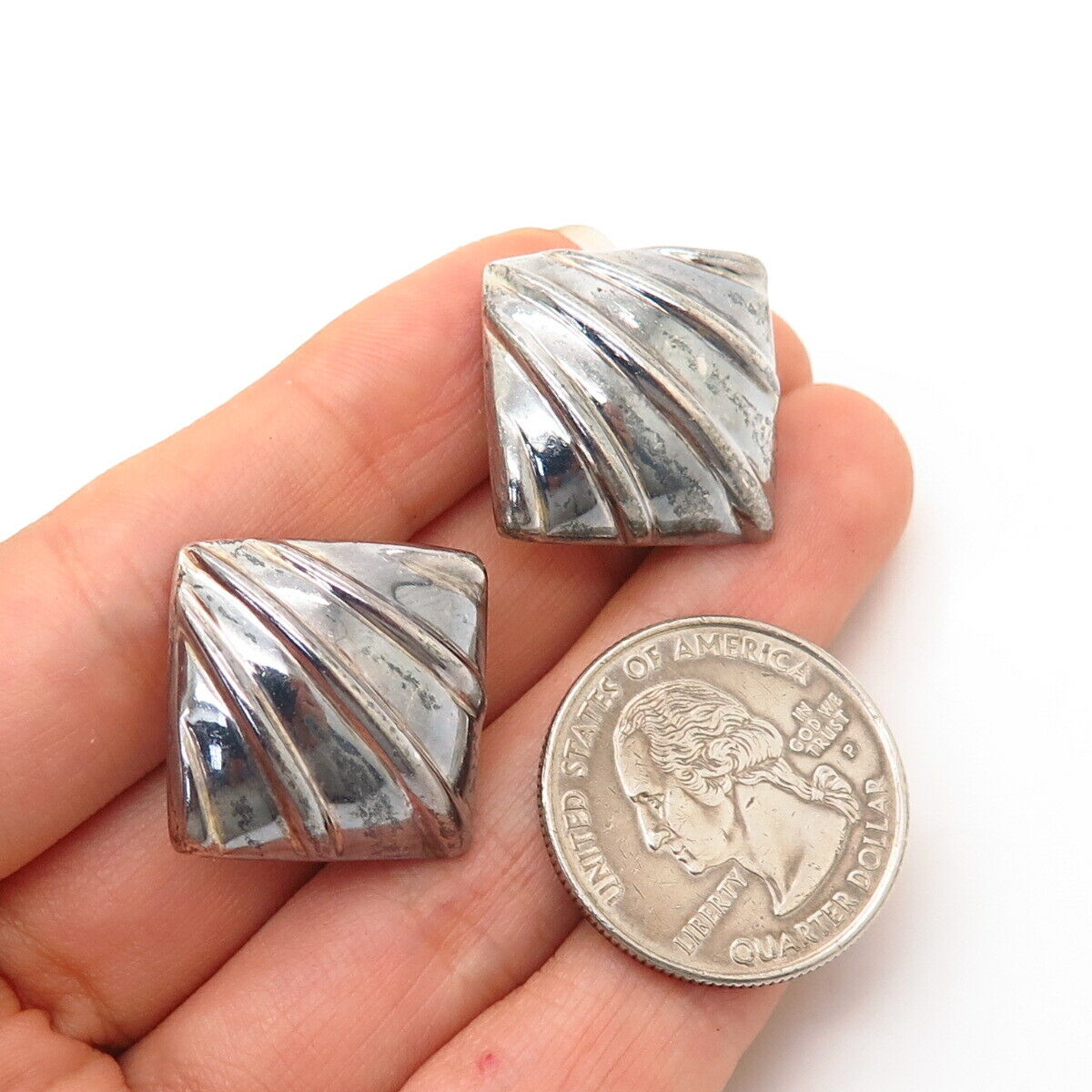 925 Sterling Silver Vintage Bayanihan Ribbed Design Rhombus Clip On Earrings