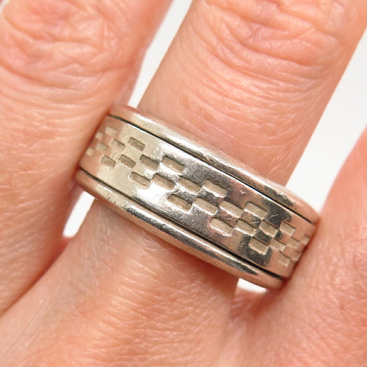 925 Sterling Silver Checkered Design Men's Rotating Band Ring Size 12 1/4