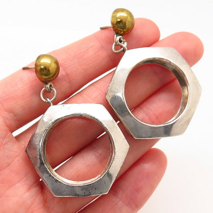 925 Sterling Silver 2-Tone Modernist Dangling Hoop Earrings