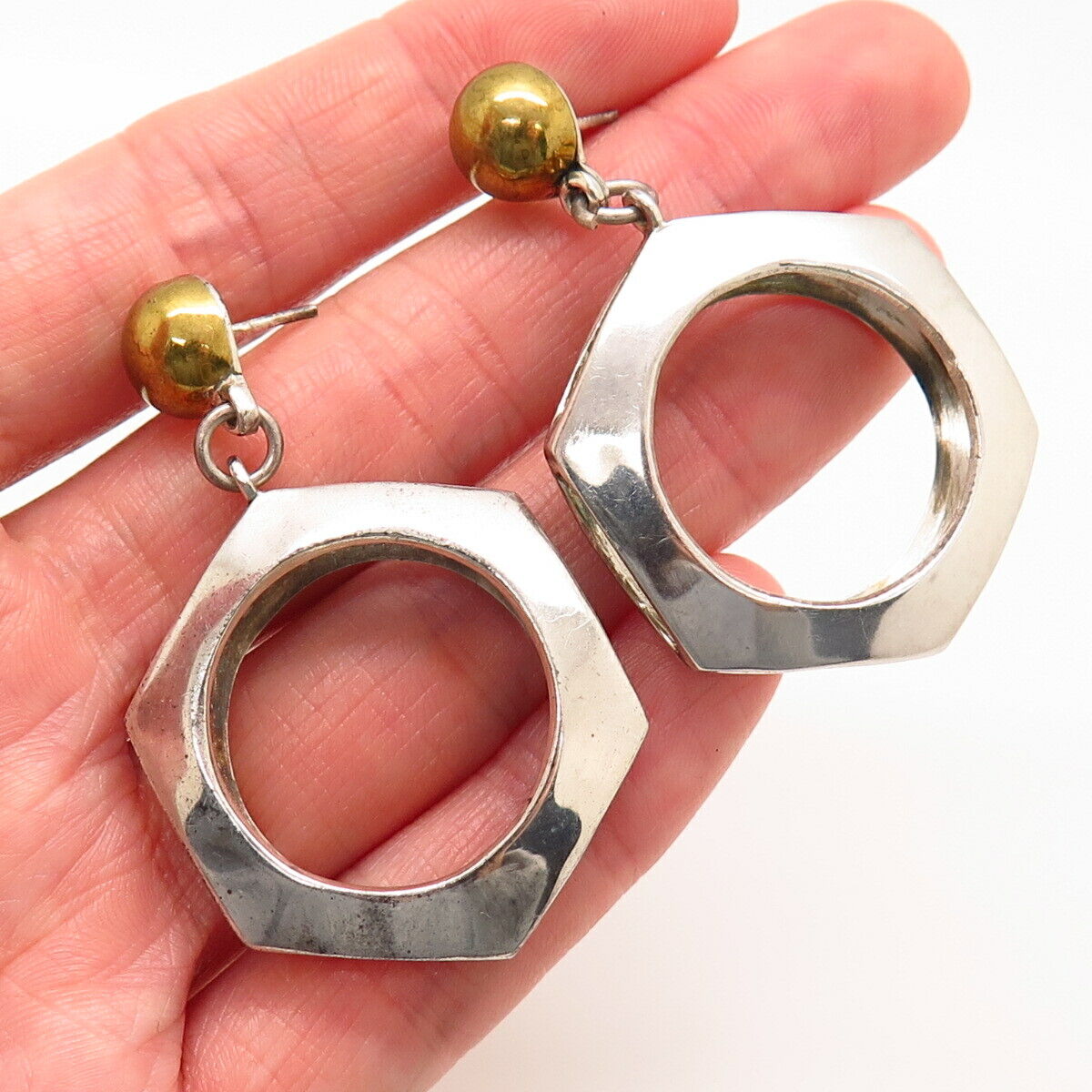 925 Sterling Silver 2-Tone Modernist Dangling Hoop Earrings