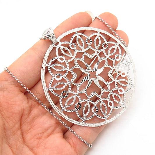 925 Sterling Silver Italy Cutout Ornate Round Pendant Rolo Chain Necklace 16"