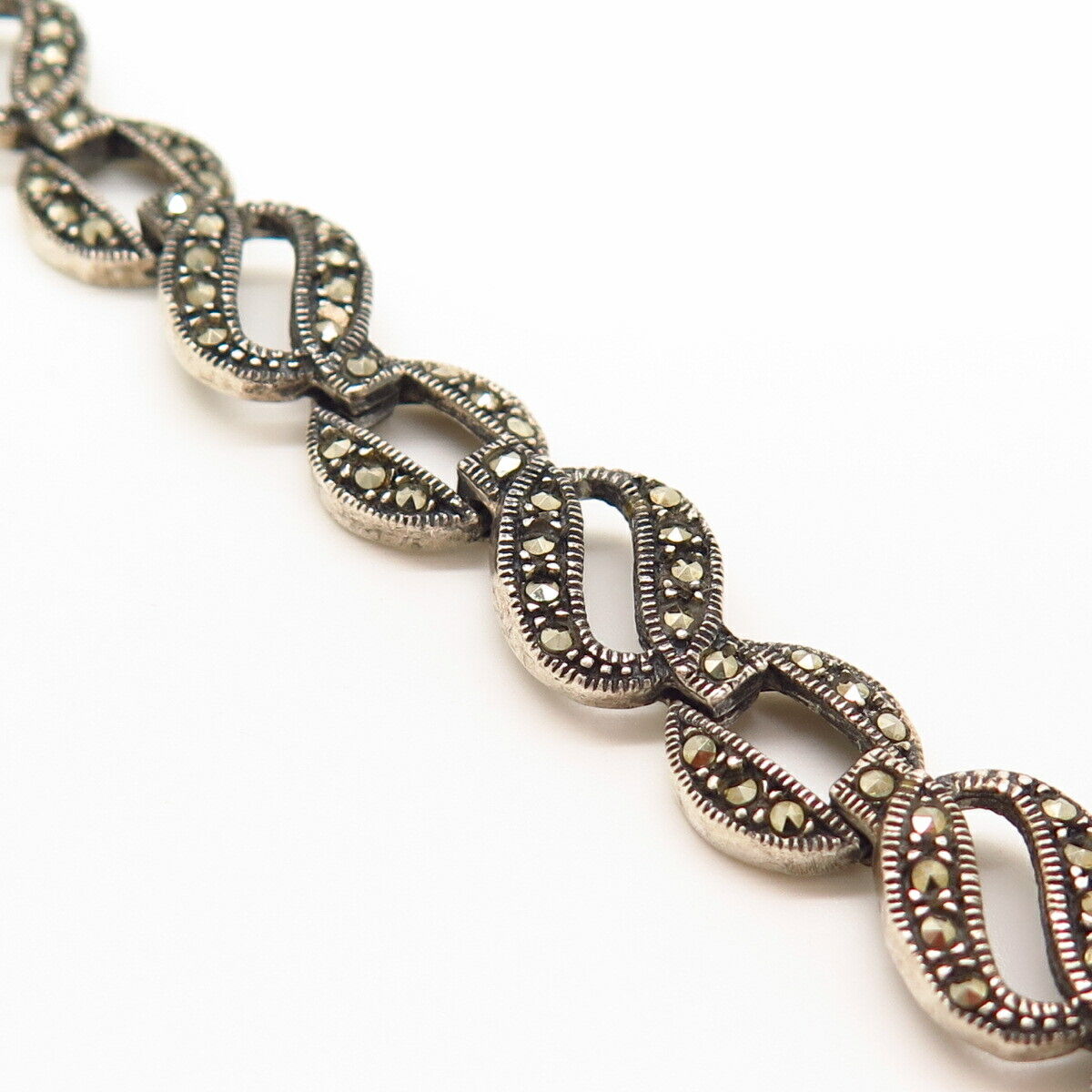 925 Sterling Silver Real Marcasite Gem Oval Link Bracelet 7"