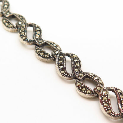 925 Sterling Silver Real Marcasite Gem Oval Link Bracelet 7"