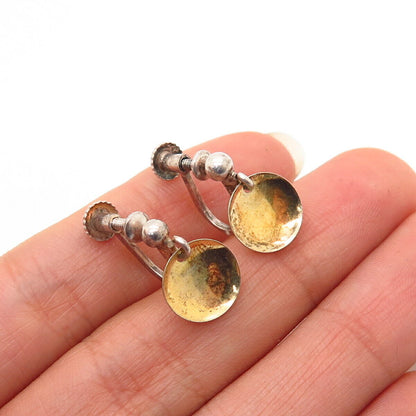 925 Sterling Silver 2-Tone Dangling Plate Design Screw Back Earrings