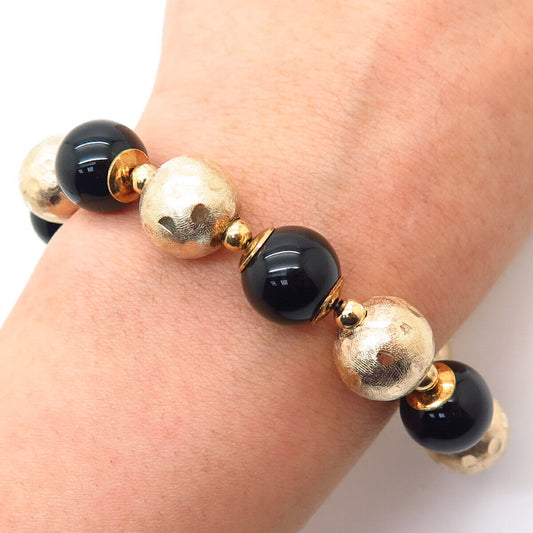 925 Sterling Silver Gold Plated Italy Black Onyx Gem Ball Link Bracelet 7.5"