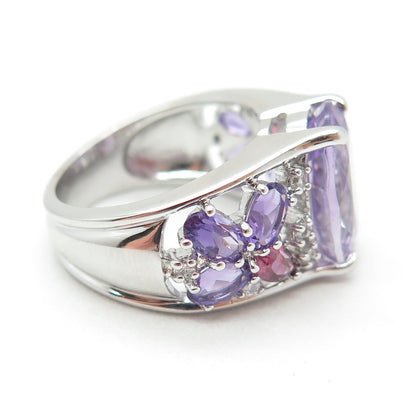 925 Sterling Silver Real Purple & Pink Amethyst & C Z Cluster Ring Size 6.75