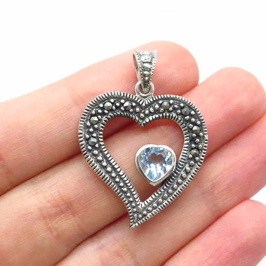925 Sterling Silver Vintage Real Blue Topaz & Marcasite Gem Double Heart Pendant