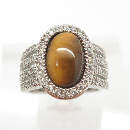 ESPO Joseph Esposito 925 Sterling Silver Real Tiger Eye & C Z Ring Size 6.25
