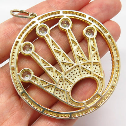 925 Sterling Silver Gold Plated Pave C Z Hand Design Large Round Pendant