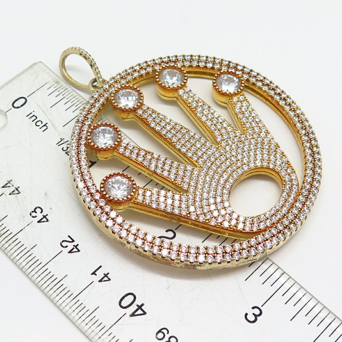 925 Sterling Silver Gold Plated Pave C Z Hand Design Large Round Pendant