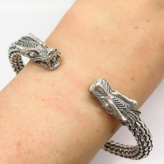 925 Sterling Silver Mythical Dragon Design Adjustable Cuff Bracelet 7 1/4"