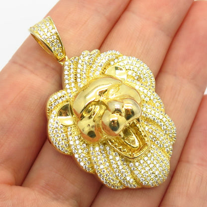 925 Sterling Silver Gold Plated C Z Roaring Lion Design Pendant