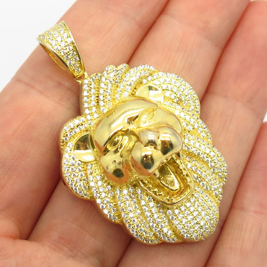 925 Sterling Silver Gold Plated C Z Roaring Lion Design Pendant