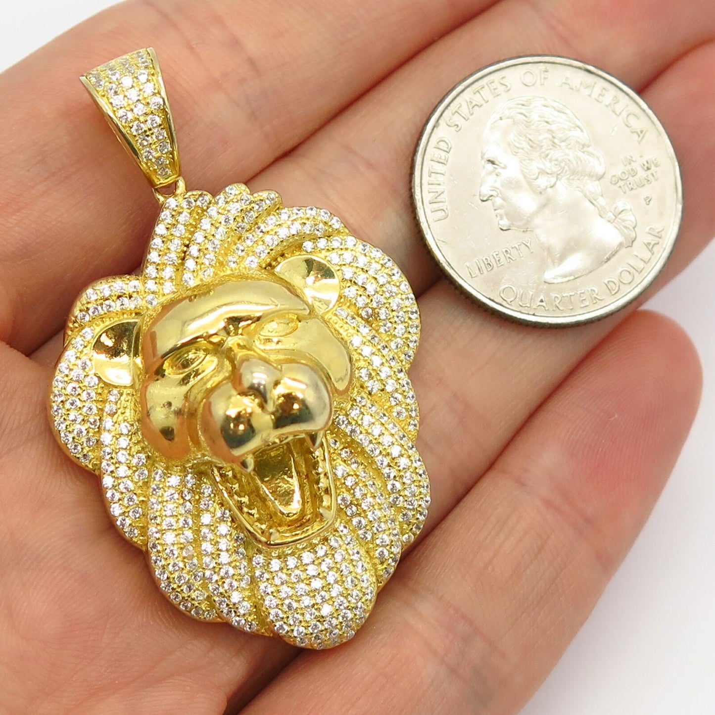 925 Sterling Silver Gold Plated C Z Roaring Lion Design Pendant