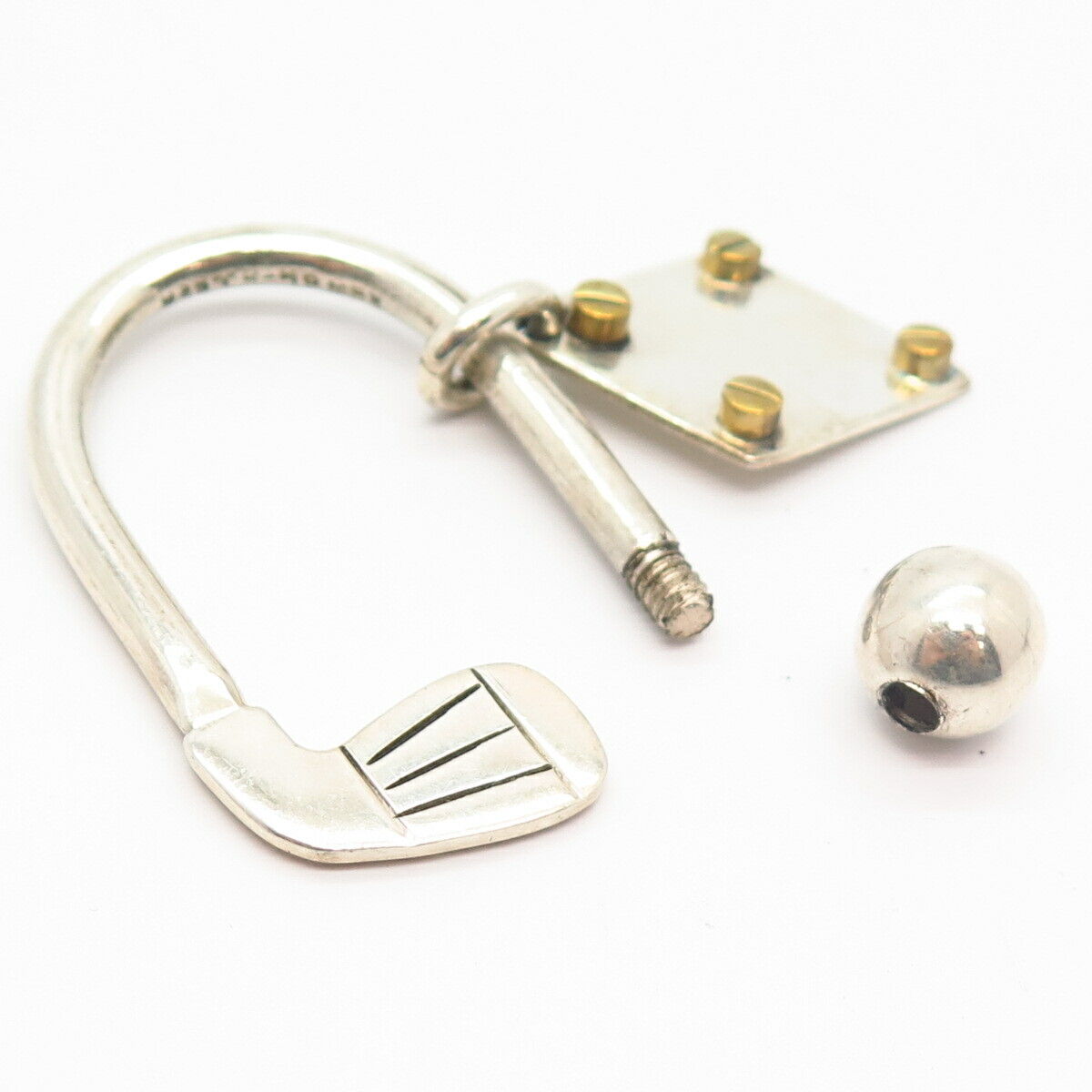 925 Sterling 2-Tone Vintage Mexico Hockey Stick Design Screw-Off Ball Key Ring